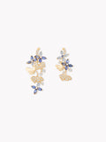 Gold ginkgo earrings with blue gemstone leaves and dangling charms