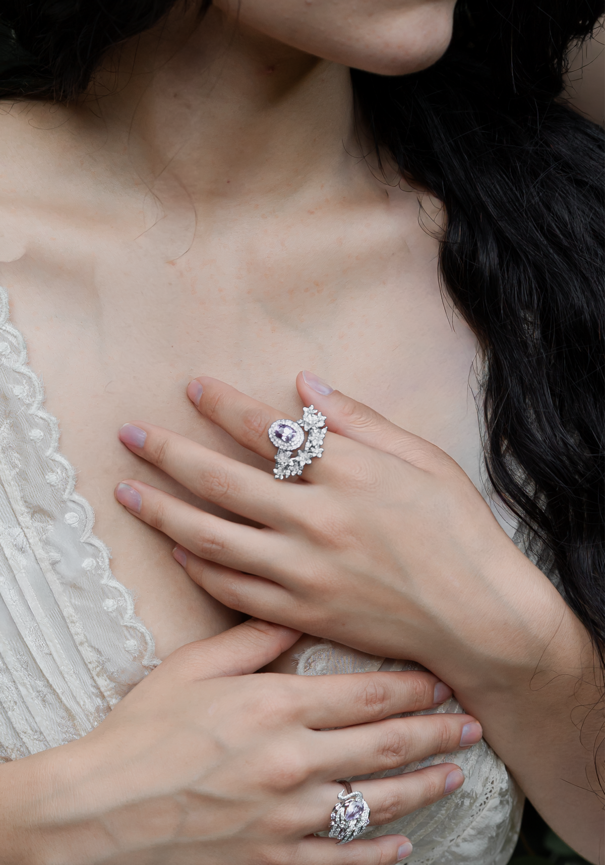 Silver cherry blossom stackable ring with oval pink center gemstone and sparkling halo