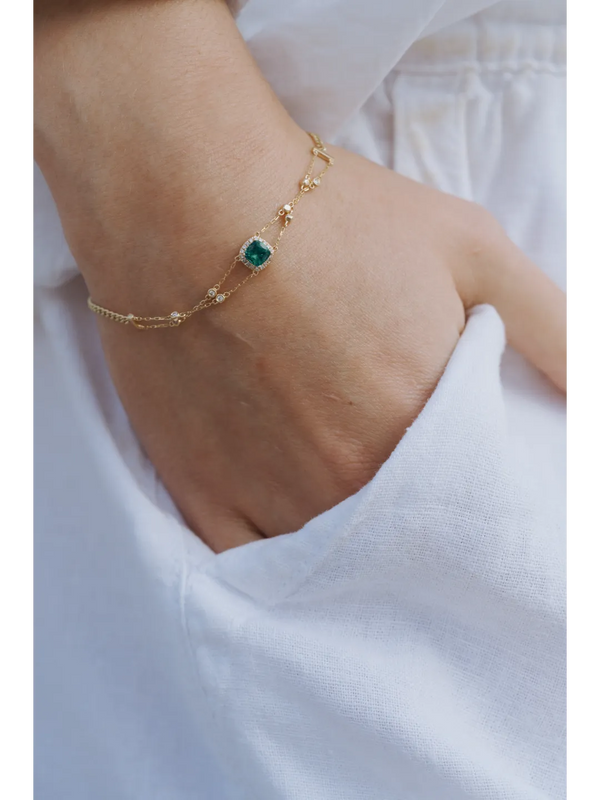 Double Chain Emerald Express Square Bracelet in 18K Gold