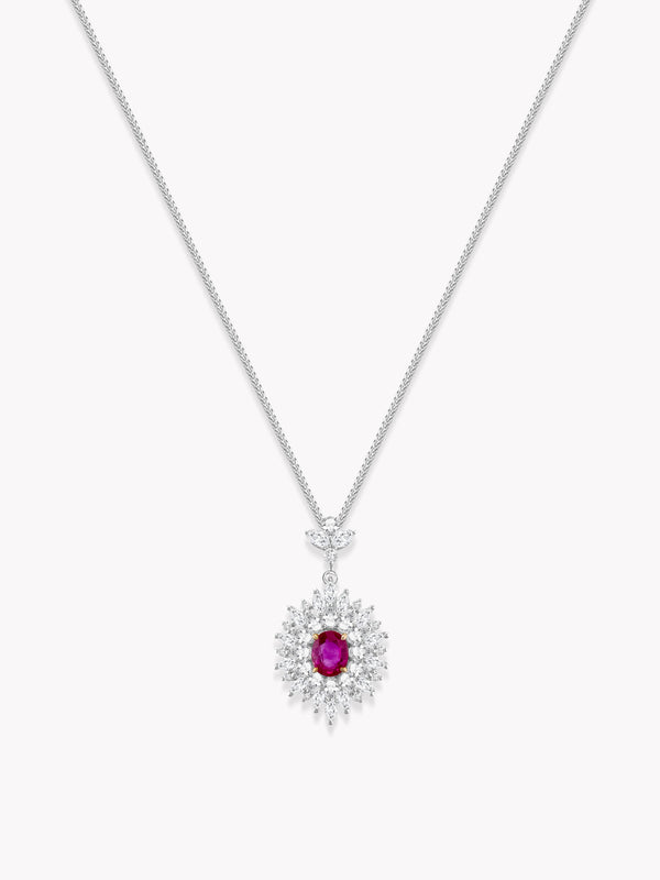 Certified 0.4ct Ruby Lotus Pendant Necklace with 0.78ct White Sapphire in 18K White Gold