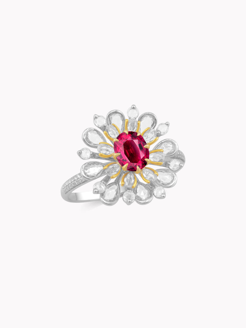 Certified 0.5ct Ruby Lotus Ring with 0.32ct White Sapphire in 18k Gold and White Gold