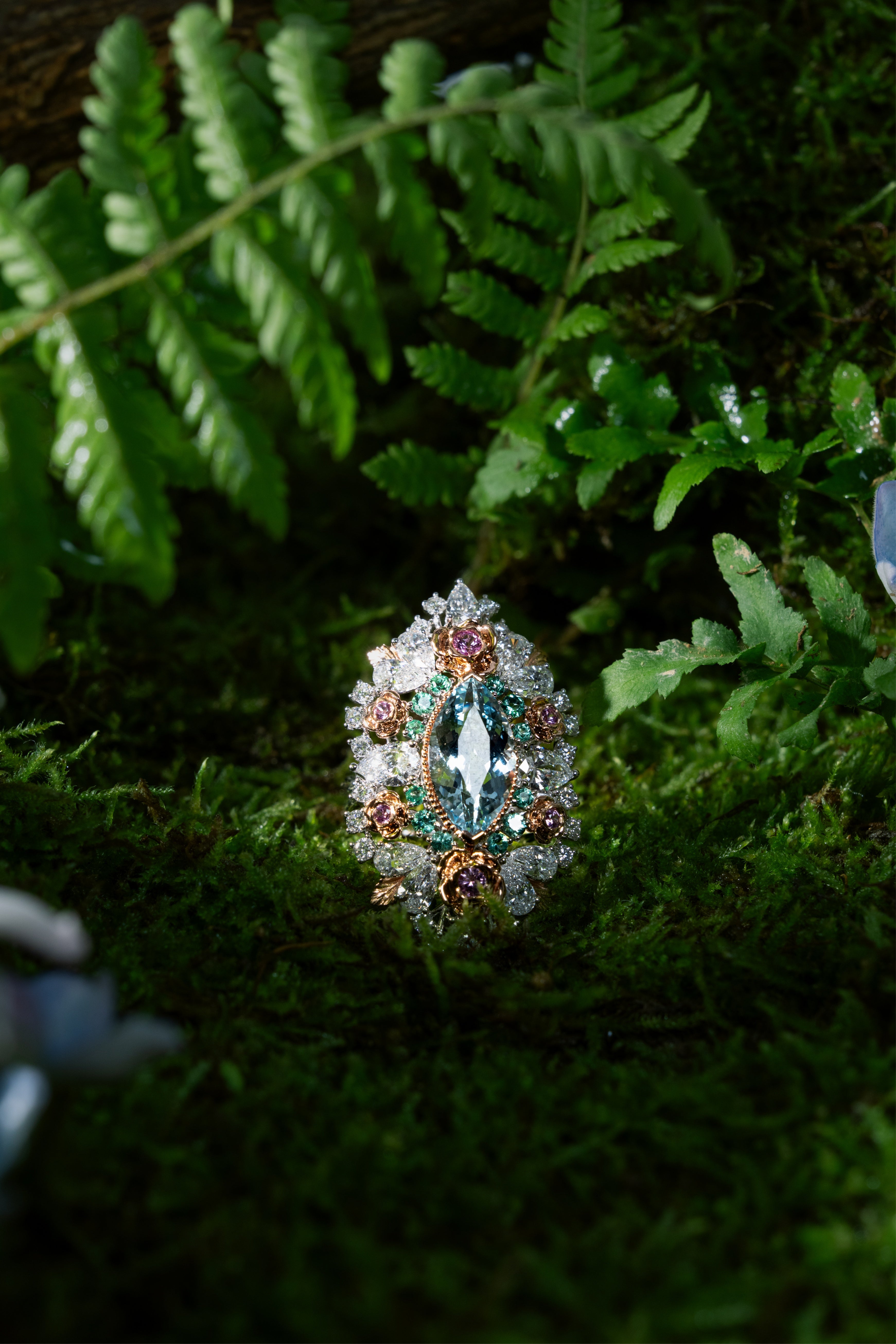 Marquise aquamarine halo lace garden ring in gold tone with sparkling stones