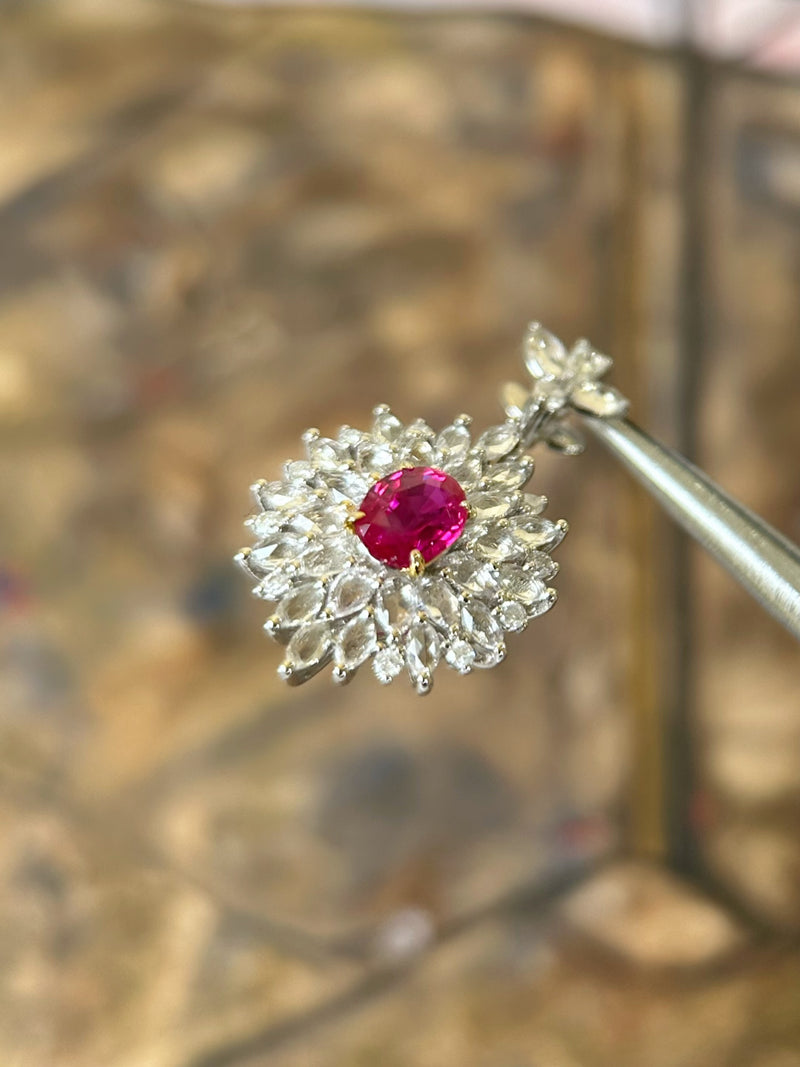 Certified 0.4ct Ruby Lotus Pendant Necklace with 0.78ct White Sapphire in 18K White Gold