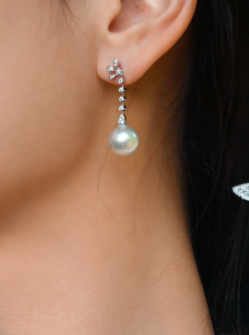 Vine 18K Australia South Sea White Pearl with Diamonds Earrings