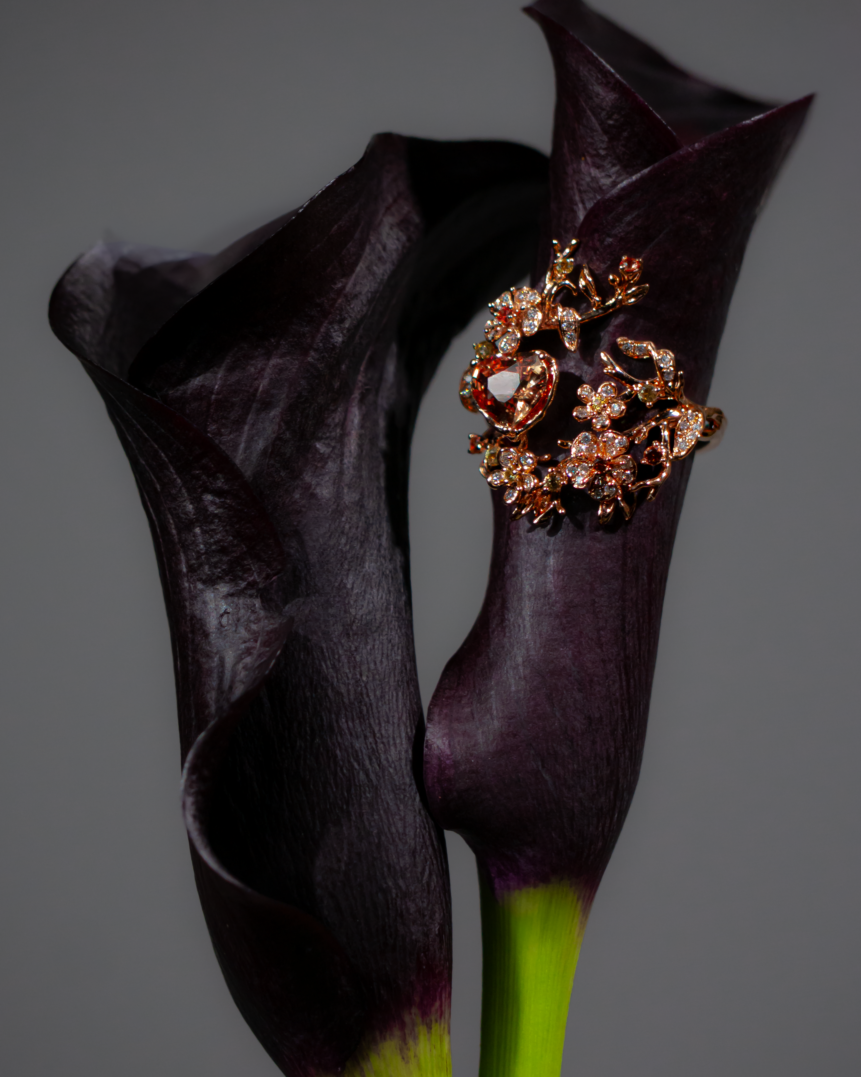 Heart-Shaped Pink Sapphire Peach Blossom Branch Ring