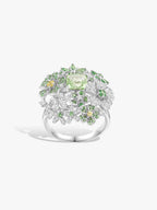 Mint green floral gemstone diamond ring, large central square cut with halo