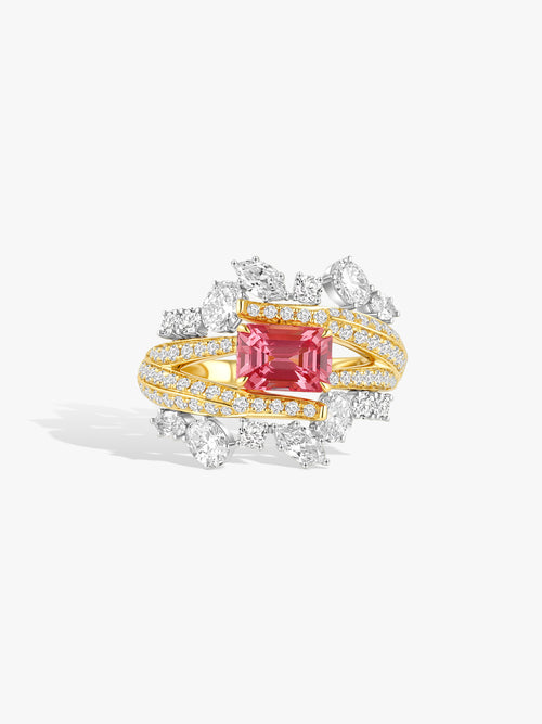 Mahenge geometric ring with pink center stone and diamond-set gold bands