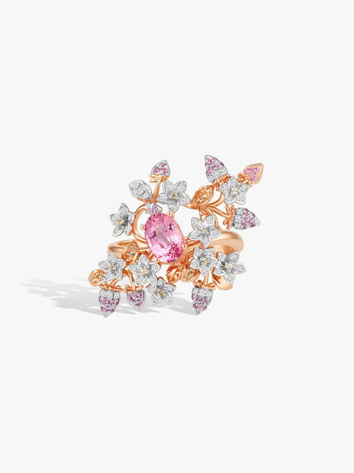 Rose gold natural diamond ring with pink oval center surrounded by diamond flower clusters