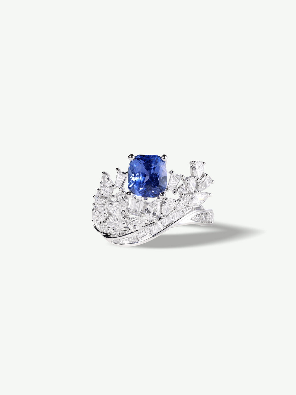 Sapphire wave geometric ring with clear crystal accents