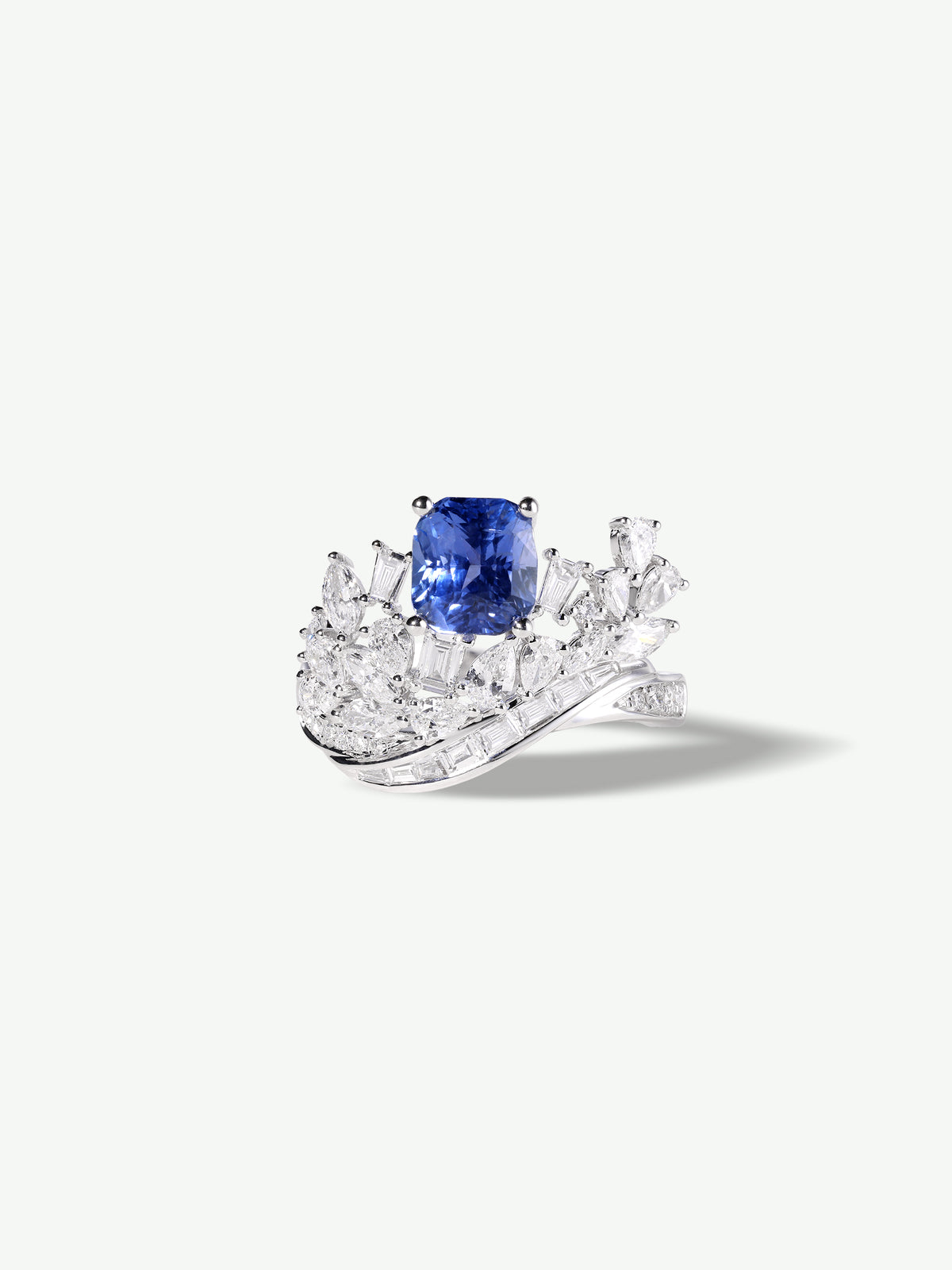 Sapphire wave geometric ring with clear crystal accents