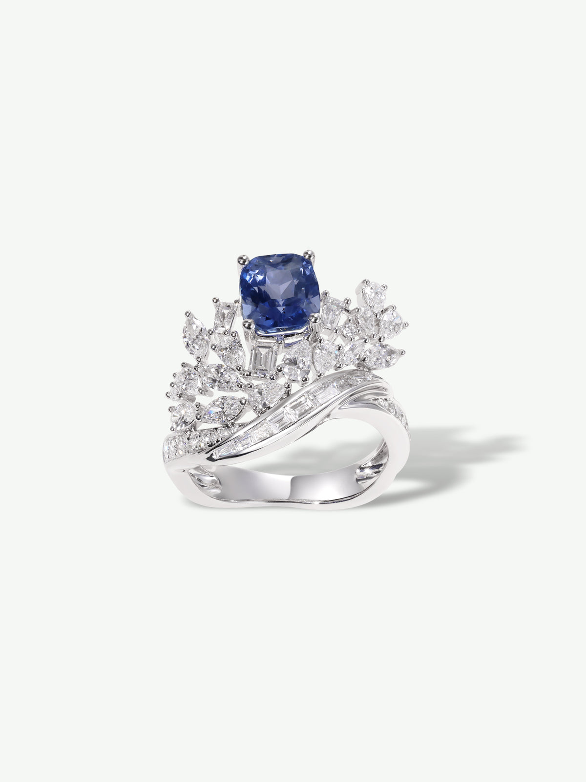 Sapphire blue gemstone ring with square center and diamond-like geometric halo