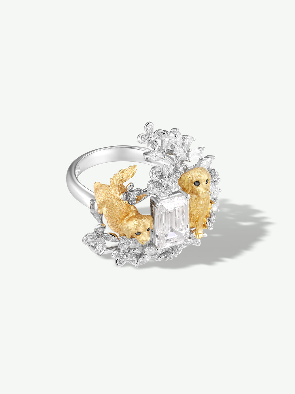 Diamond puppy and floral ring; silver setting with two gold-tone puppy figures