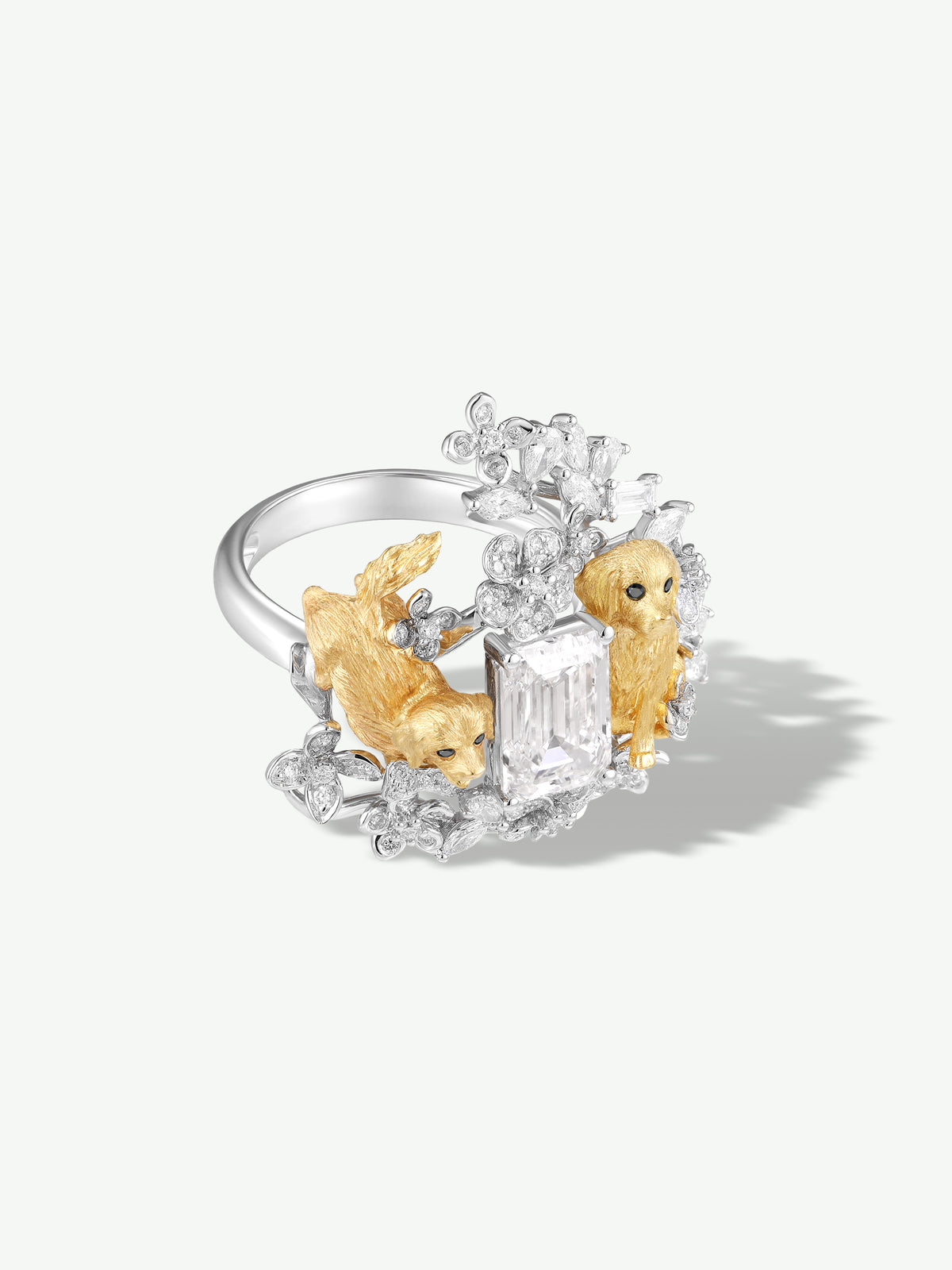 Diamond puppy and floral ring; silver setting with two gold-tone puppy figures
