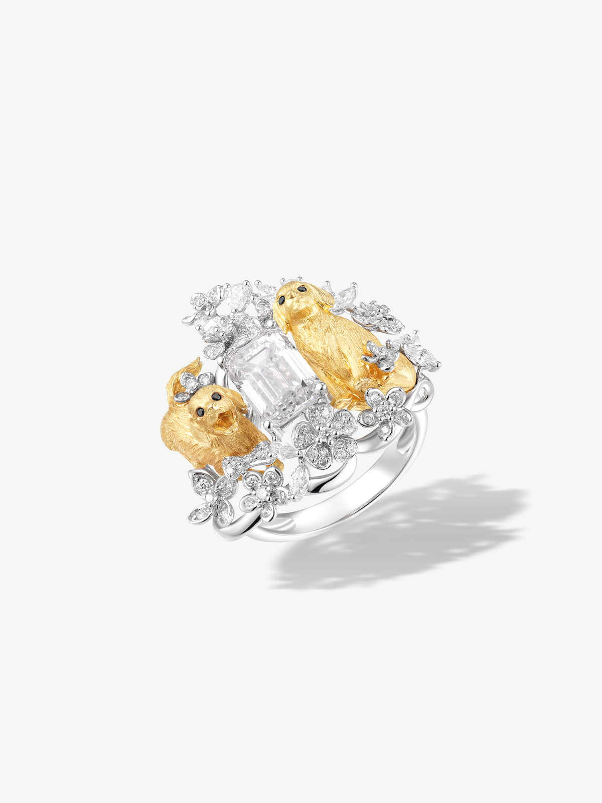Diamond puppy and floral ring with three gold-tone puppy details and silver floral stones