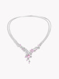 Silver necklace with pink gemstone sakura floral pendant and dangling stones