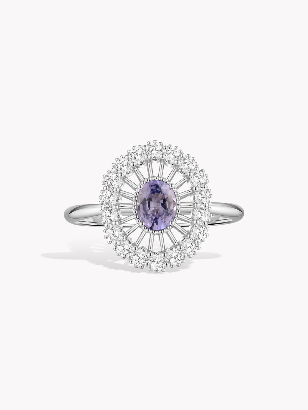 Silver amethyst ring with oval purple center stone, round diamond halo, slim band