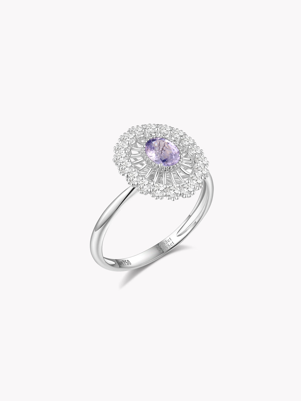 Silver amethyst ring with oval purple center stone and diamond halo, split prongs