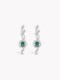 Emerald green and clear stone linear drop earrings with square center accents, pair