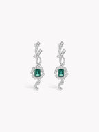 Emerald green and clear stone linear drop earrings with square center accents, pair