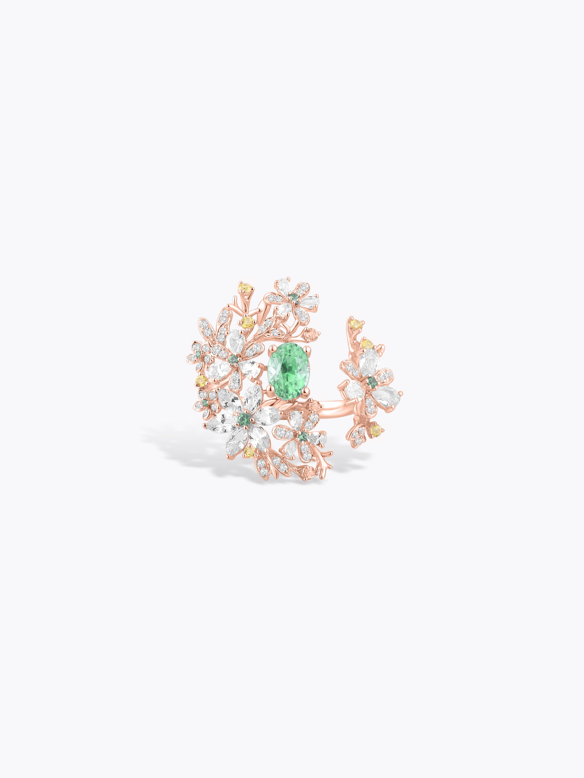 Aris Icons floral branch ring in rose gold with green center stone