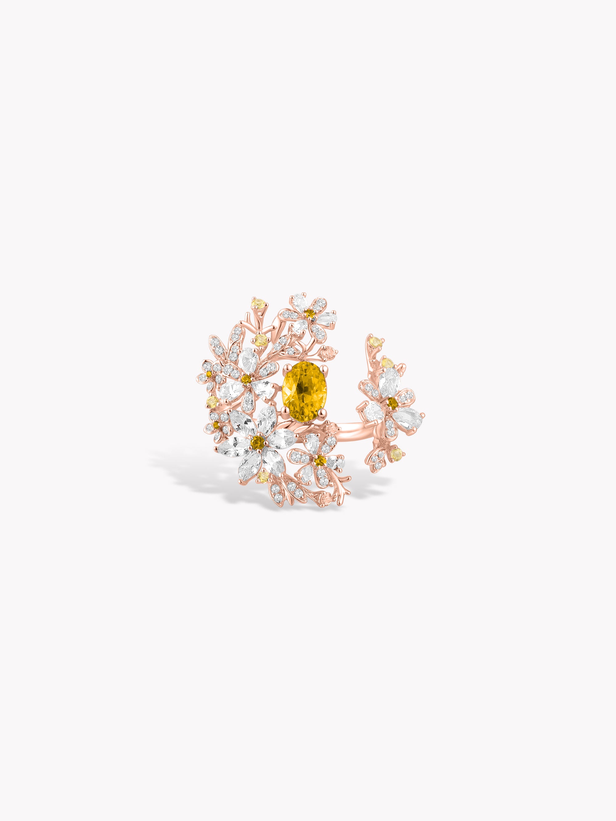 Rose gold floral branch ring with yellow center stone